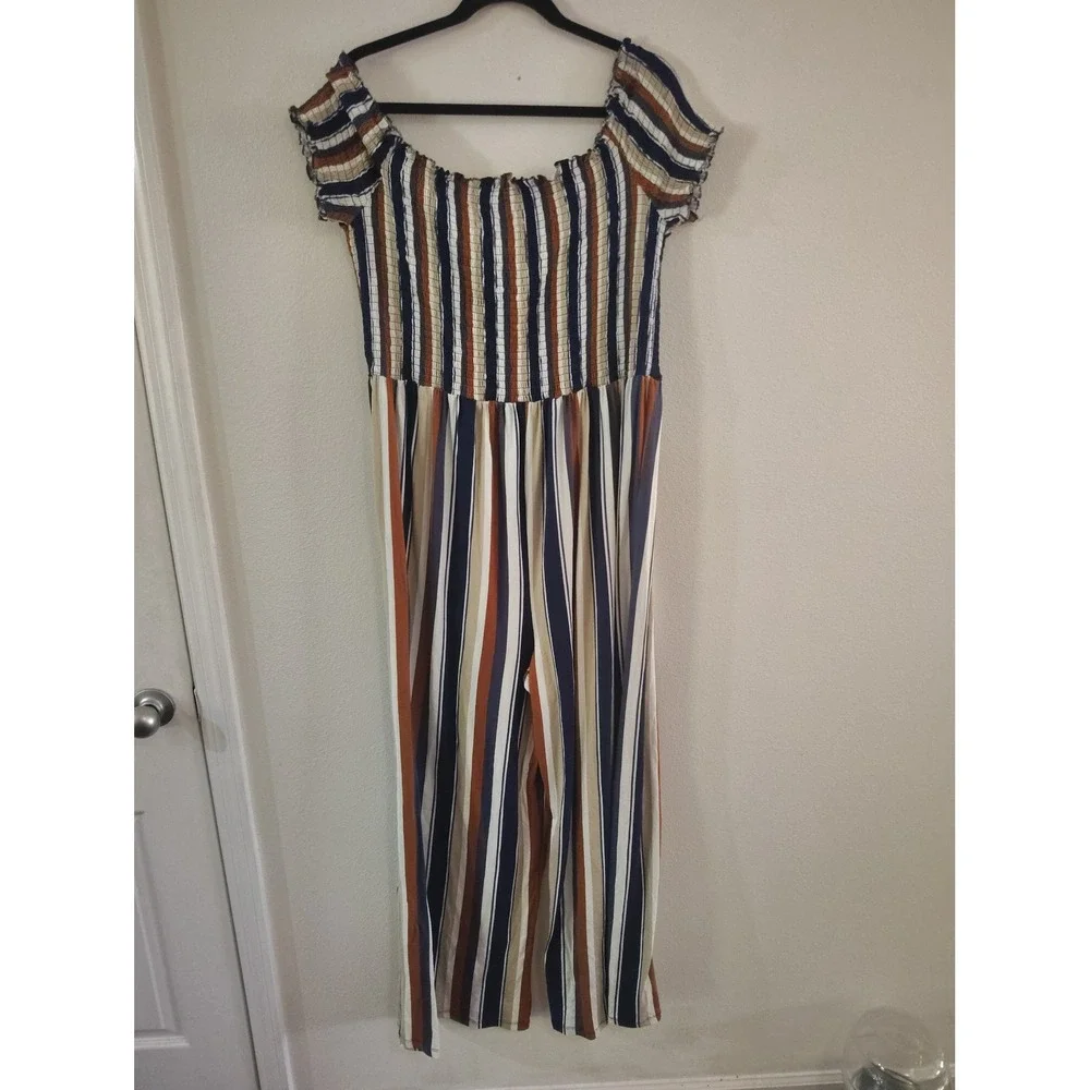 Rue21 Rue 2X Striped Jumpsuit Smocked‎ Off Shoulder Wide Leg Multi Color